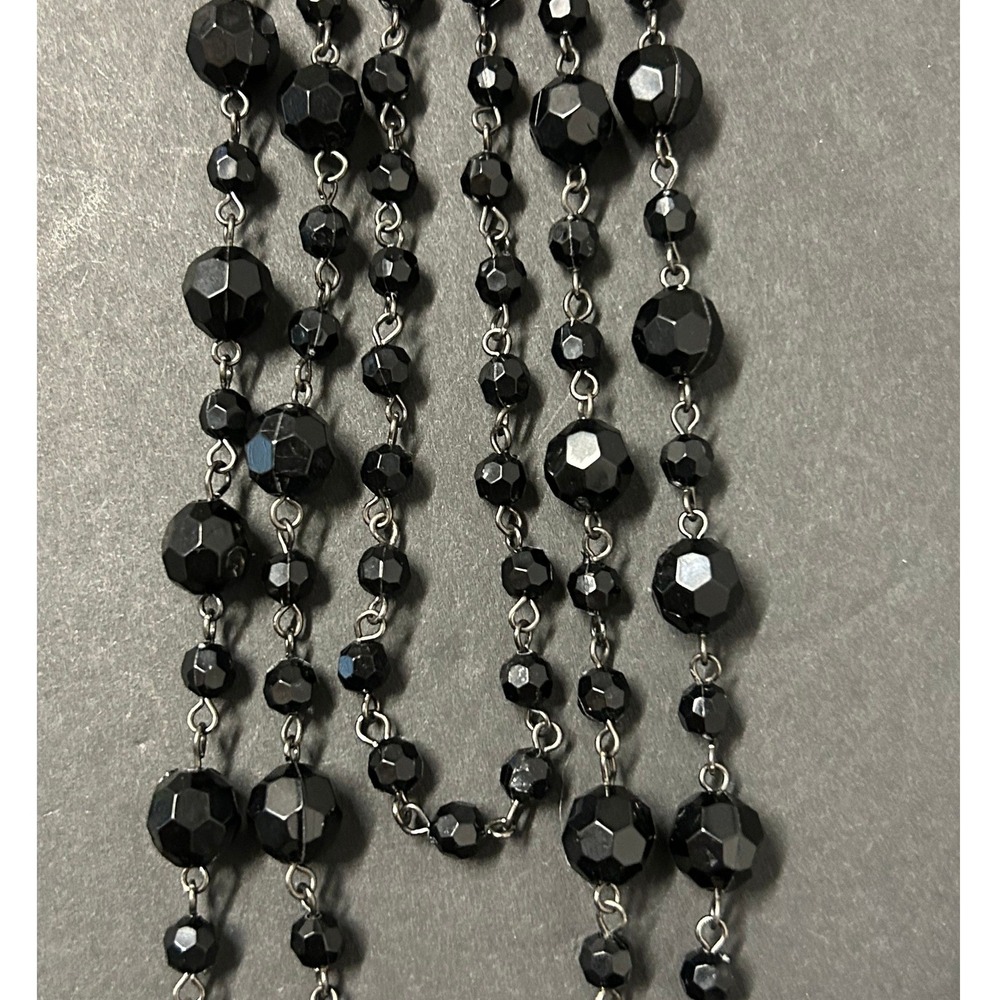 Vintage Multi-Strand Necklace Black Faceted Bead Layered Triple Rosary Style